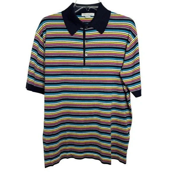John Smedley Knit Polo Shirt Size XL Navy Multicolor Stripe Preppy - Picture 7 of 7